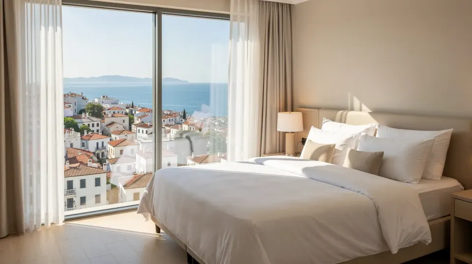 The image depicts a cozy hotel room featuring soft white bedding and ample natural light, with a stunning view of a Turkish coastal city in the background. This inviting space is ideal for international patients seeking cosmetic surgery in Turkey, providing a relaxing atmosphere before their aesthetic procedures.