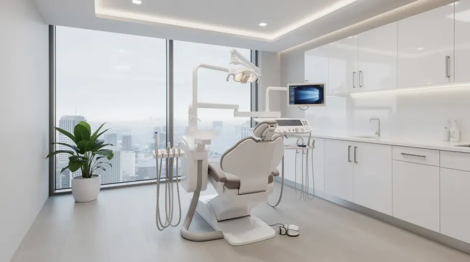 The image showcases a modern dental clinic interior featuring a panoramic window that allows natural light to flood the space, a comfortable dental chair, and advanced technology used for various dental treatments. This dental clinic in Antalya is designed to enhance patient satisfaction with its contemporary aesthetic and state-of-the-art equipment for services like cosmetic dentistry and dental implants.