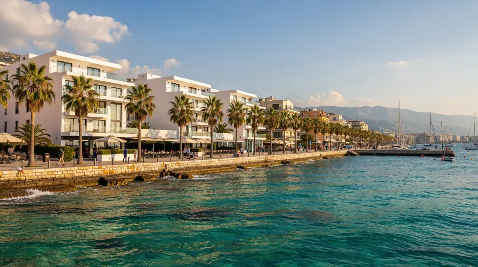 A panoramic view of a sunny Mediterranean coastal city showcases modern white buildings and palm trees lining the waterfront, with sparkling turquoise waters in the foreground. This vibrant scene is perfect for international patients seeking dental holidays in Turkey, where they can access high-quality dental care and significant cost savings on popular dental treatments.