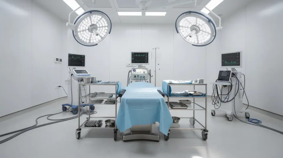 The image depicts a modern, bright operating room equipped with surgical lights and advanced medical equipment, all meticulously arranged for a closed rhinoplasty procedure. The sterile environment suggests readiness for a surgical procedure focused on nasal structures, ensuring optimal conditions for a successful outcome.