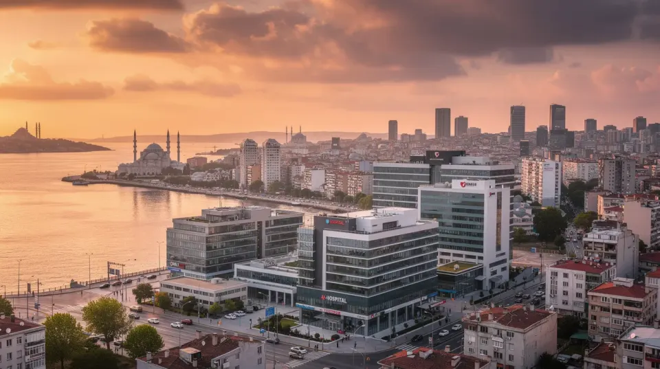 The image captures the Istanbul city skyline at sunset, showcasing modern glass hospital buildings nestled among the vibrant cityscape. This scene reflects the growing prominence of medical tourism in Turkey, particularly for cosmetic surgery and aesthetic procedures.