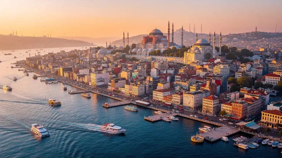 An aerial view of Istanbul's waterfront showcases the Bosphorus filled with boats, framed by a historic skyline featuring ornate architecture. The scene captures the vibrant essence of the city, highlighting its unique blend of culture and beauty against the backdrop of water.