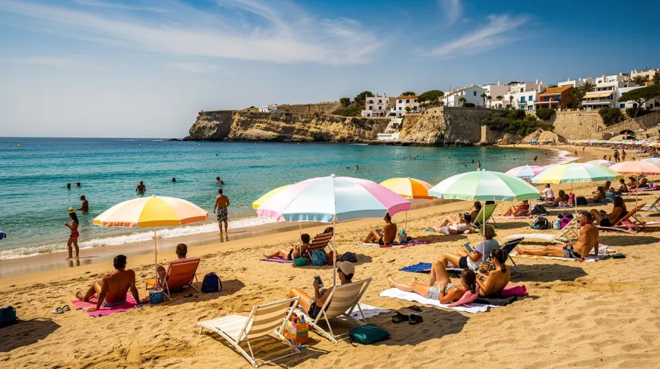 A vibrant scene depicts people enjoying a sunny Mediterranean beach, with turquoise waters and colorful parasols providing shade. This relaxing atmosphere contrasts with the advanced dental treatments available at top dental clinics in Antalya, where international patients seek services like cosmetic dentistry and smile makeovers.