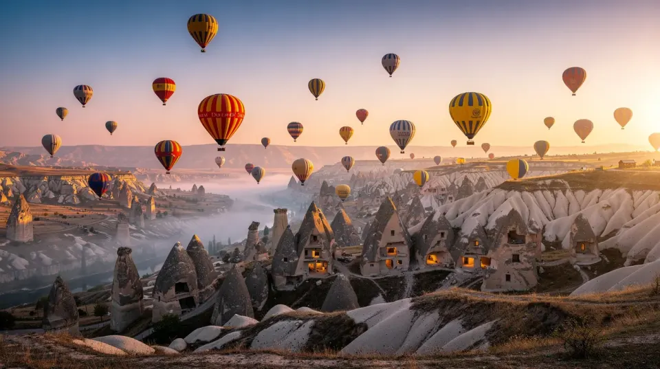 A vibrant scene shows colorful hot air balloons gracefully floating over a rugged rocky landscape adorned with unique cave formations at dawn. The striking contrast of colors in the sky and the natural beauty below creates a breathtaking view, reminiscent of the adventurous spirit found in dental tourism, such as dental holidays in Turkey.