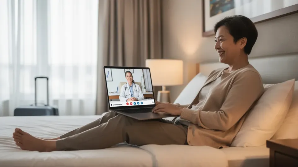A patient is smiling while engaged in a video consultation with a board-certified plastic surgeon on a laptop, set in a cozy hotel room, highlighting the convenience of cosmetic surgery consultations for medical tourists considering procedures in Turkey. The scene reflects the growing trend of aesthetic plastic surgery and medical tourism, offering an amazing experience for international patients.